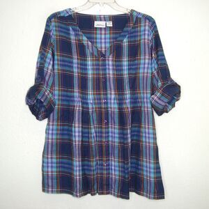 The Vermont Country Store Pintuck Plaid Brushed Cotton Tunic Top Size L